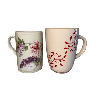 Set Of 2 Ceramic Mugs With Floral & Vine Patterns Red & Multicolor 12 Oz & 16 Oz